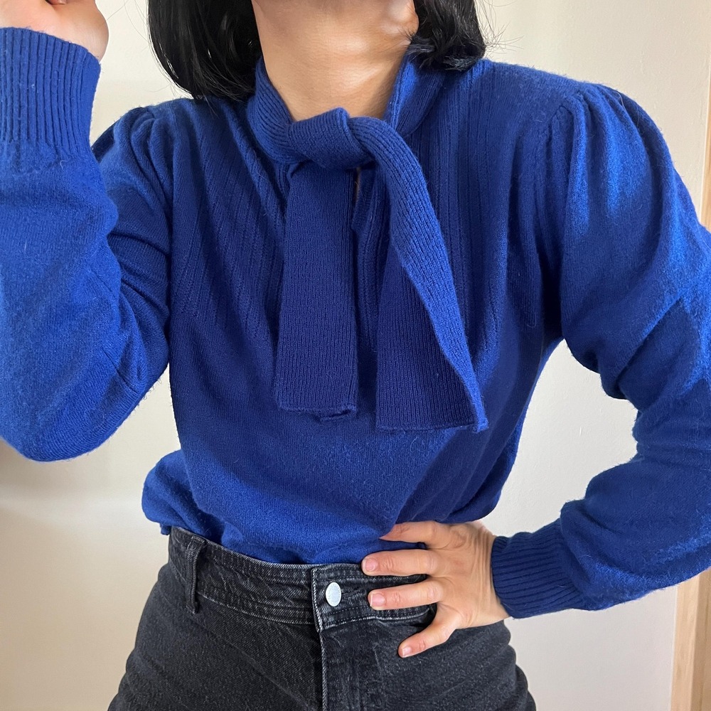 vintage 80s cobalt blue sweater pullover puff‎ sleeve scarf neck small